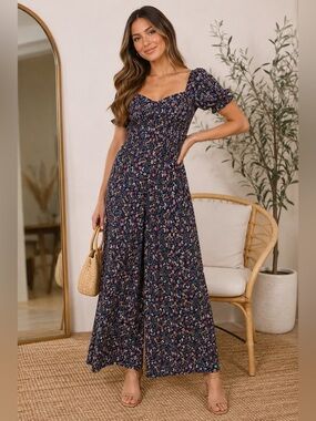 Lost + Wander Floral Wide Leg Jumpsuit Boho Romantic Navy Pink Size L
